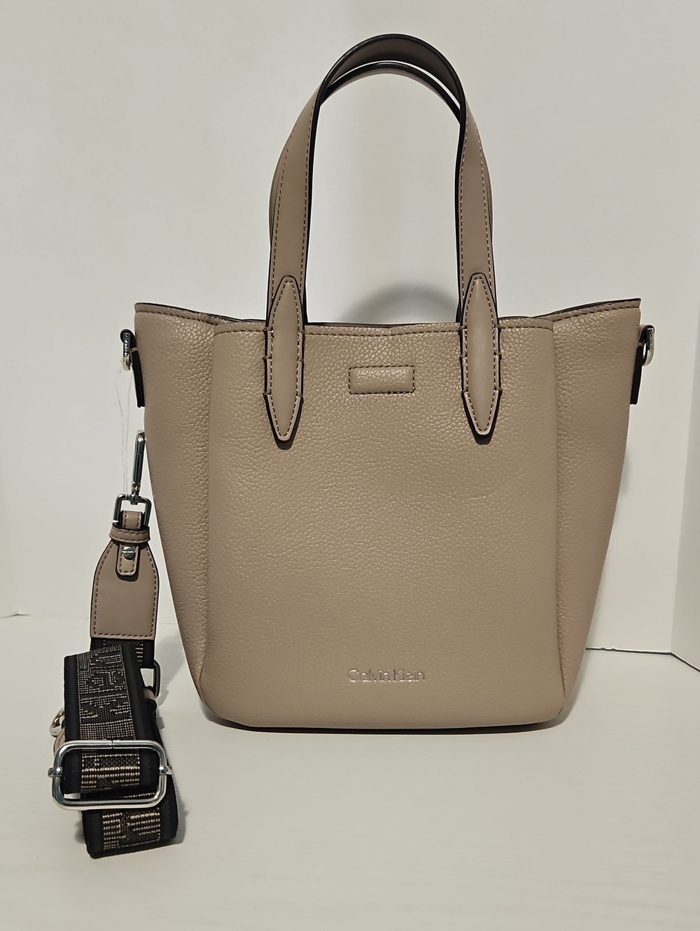 Calvin Klein Beige Pebbled Leather Tote with Detachable Logo Strap